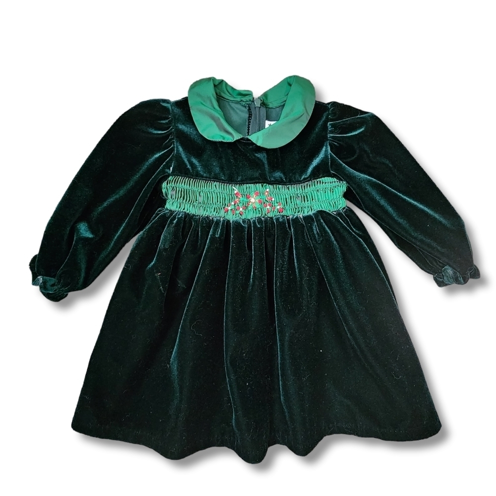 GOODLAD x VINTAGE smocked Emerald green velvet little girl's dress 2T